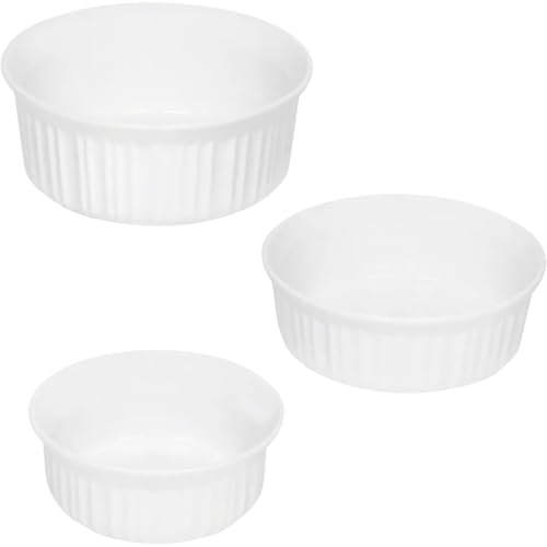 CorningWare French White 3-Piece Round Baking Dish Set - 1.5 Quart, 24 Oz, 16 Oz - Durable Ceramic Bakeware for Oven, Microwave & Dishwasher Safe