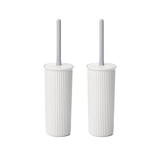 Image of Superio Ribbed Collection Toilet Bowl Brush and Holder Set, Decorative Plastic Bathroom Toilet Brush with Holder, Toilet Cleaner Scrubber, White - 2 Pack