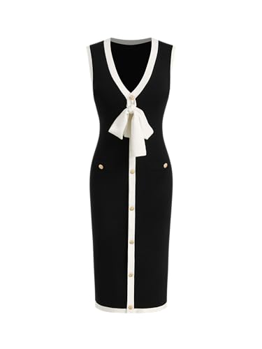 CIDER Sweater Dress for Women Knit V Neck Knotted Button Sleeveless Split Hem Midi Dresses Business Casual Outfits
