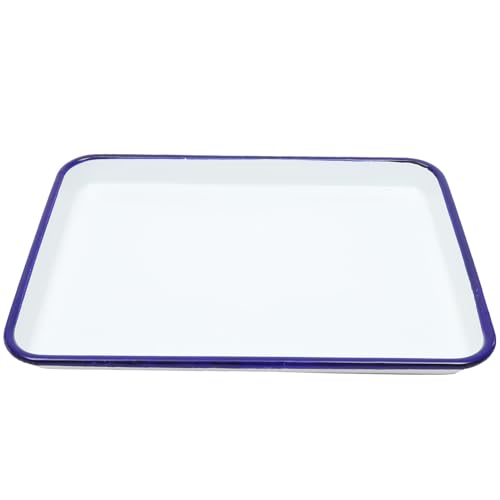 Garneck Colección Emailleware Molde para hornear blanco esmaltado con borde azul Bandeja rectangular para servir Bandeja de carnicero 26 x 18 cm para la cocina en el hogar