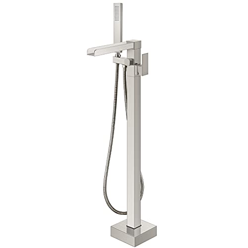 gotonovo Brushed Nickel Waterfall Freestanding Bathtub Faucet Floor Mount Tub Filler Single Handle Brass Tap with Hand Shower and 360 Degree Swivel Spout