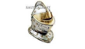 European Knight's Helmet in Steel Brass Trim - Costume Aemor Nautical Decor