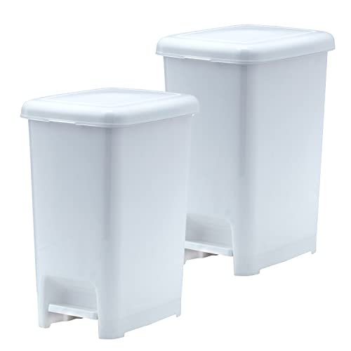 Image of Superio 6.5 Gal Slim Step On Pedal Plastic Trash Can, Waste Bin for Under Desk, Office, Bedroom, Bathroom- 26 Qt, White 2 Pack