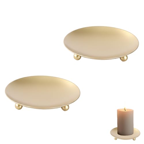 Gold Candle Plates for Pillar Candles 2 Pack Decorative Candle Trays Centrepiece Set Candle Holder Base Plates Candle Drip Trays for Table Elegant Home Décor Candle Display