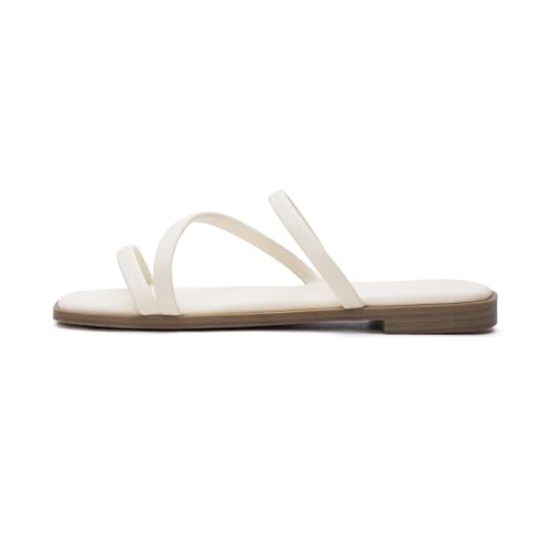 Image of LACUONE Strappy Flat Sandals For Women Slip On Square Open Toe Slides Sandals