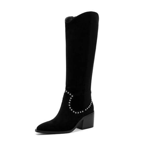 Image of GOSERCE Suede Knee High Boots for Women Pointed Toe Chunky Heel Tall Fall Boots Side Zipper with stud Details Black 10.5