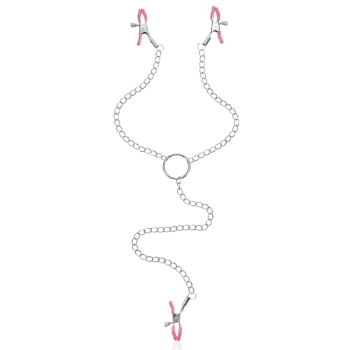 Adjustable Non Piercing Nipple Clamps Y Necklace for Women Men, Body Jewelry with Soft Silicone Pads, 3 Clips Pink