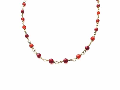 Red Beaded Rosary Chain Necklace Choker Gold Carnelian Dark Red