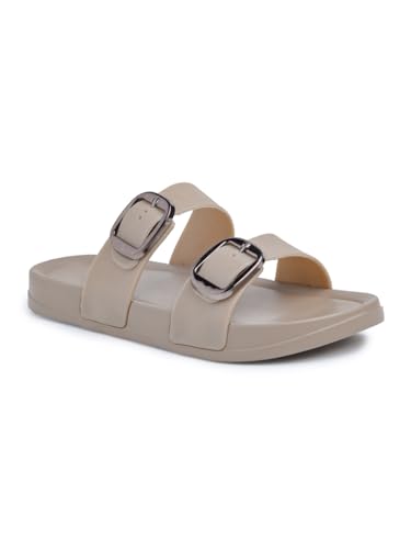 Image of Creattoes Women & Girls Comfort Slide Sandals | Triple Buckle Slip-On Flats | Soft Cushioned Anti-Skid Sole for Casual Wear | CR82
