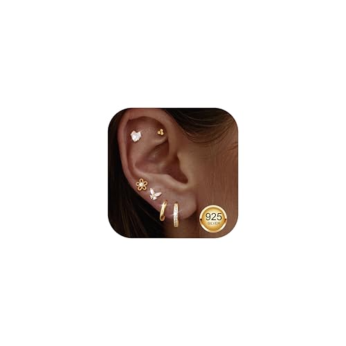 KALVICA Set de 6 Pares Pendientes de Plata Ley 925 Para Mujer Hipoalergénicos con Circonita Pendientes Aro Mujer Dorados Piercing Tragus Helix Cartílago Joyas de mujer en Oro y Plata