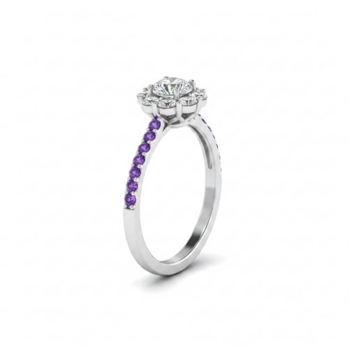Image of Choose Your Gemstone Flower Halo Diamond CZ Ring 925 Sterling Silver Round Shape Halo Engagement Rings Everyday Jewelry Wedding Jewelry Handmade Gifts for Wife US Size 4 to 12