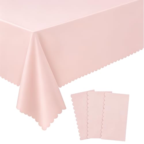 3 Pack Plastic Light Pink Tablecloths 54 X 108Inch Disposable Spring Tablecloth Scalloped Pink Table Cloth for Rectangle Tables Table Cover for Girls Birthday Baby Bridal Shower Tea Party Wedding