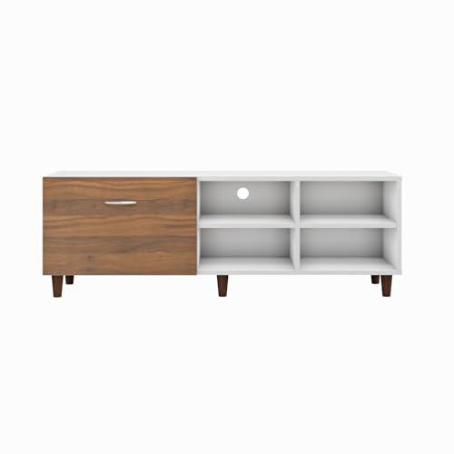 Image of VIKI Modern TV Unit for Living Room | Engineered Wood TV Cabinet with 1 Drawer Storage & 2 Open Shelves, Entertainment Unit, 140W x 48H x 40D cm | DIY | 1 Year Warranty (White & Walnut)
