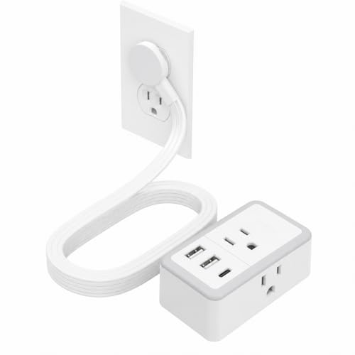 NTONPOWER Flat Plug Extension Cord, 5 FT Slim Flat Power Strip with 3 AC Outlets & 3 USB Ports (1 USB-C Port), Wall Mountable White Extension Cord for Home, Office, Dorm Room Essentials