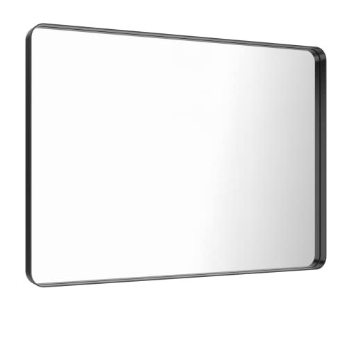Loaao 48X32 Inch Black Metal Framed Bathroom Mirror For Wall, Matte Black Bathroom Vanity Mirror Farmhouse, Large Rounded Rectangle Mirror, Anti-Rust, Tempered Glass, Hangs Horizontally Or Vertically #TOP5