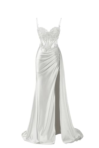 Flihodaputa Women's Spaghetti Strap Prom Dresses Long Mermaid Satin Formal Dresses Lace Applique Sequin Evening Cocktail Party Gown Silver US14