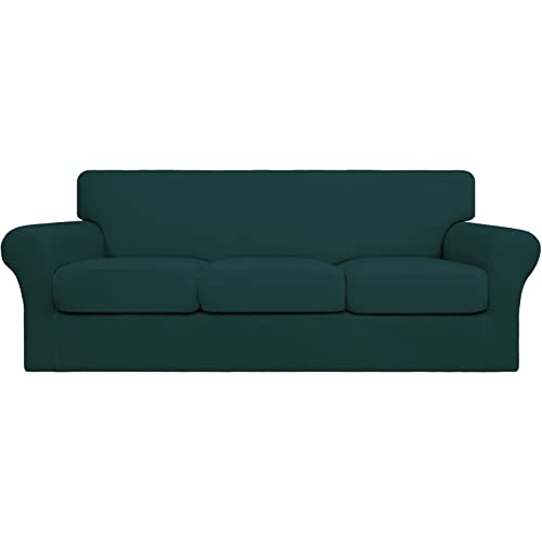 Image of Easy-Going 4 Pieces Stretch Soft Couch Cover for Dogs - Washable Sofa Slipcover for 3 Separate Cushion Couch - Elastic Furniture Protector for Pets, Kids(Sofa, Deep Teal, Large) | Sofa Slipcover for Stretch 3 Separate Sectional Cushion Couch - Furniture Protector for Pets, Kids Deep Teal