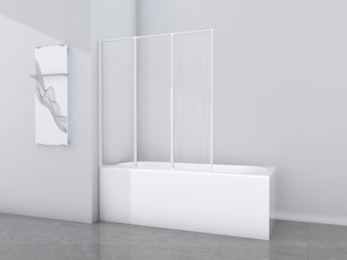 MARWELL Badewannenfaltwand Moon 120x130 cm – 3-teilige faltbare Duschabtrennung für Badewanne – Kunststoff mit hochwertigem weißem Aluminiumrahmen – Faltwand für Badewanne