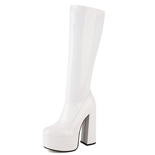 Gicoiz Femme Bout Rond Cuir Verni Talons Chunky Bottes Extensibles Plateforme Soirée Mode Bloc Hauts Fête Bottes Longue Blanc/Knee High Taille 38 EU-39Cn