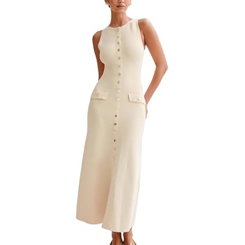 HOULENGS Women's Summer Sleeveless Crewneck Knit Maxi Dress Elegant Button Down Bodycon Tank Long Dress Beige Small Cover