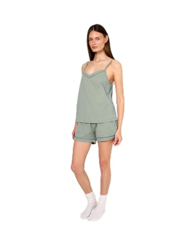 TRAMAS+ Pijama Mujer Corto Verano de Algodón, Conjunto Camiseta Tirantes y Pantalón Corto con Cintura Ajustable, Set Corto de Algodón Liso, Cómodo, Fresco y Elegante - XL, Verde Azulado