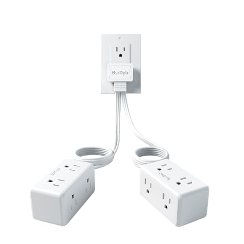 12-Outlet Split Extension Cord 10FT Flat Plug Power Strip (5FT on Each Side) Ultra-Thin Flat Extension Cord for Home Office Dorm Desk ETL Listed