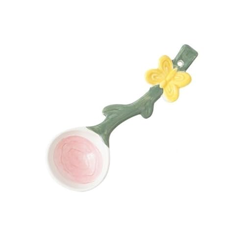 FAJNUZI2024 スープスプーン 2ピース かわいいセラミックスプーン 朝食スプーン デザートスプーン アイスクリームスプーン ライススプーン 女性、女の子、子供ディナースプーン(ピンク)