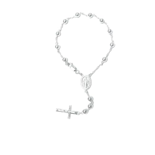 Ritastephens Sterling Silver Rosary 5mm Diamond-cut Bead Virgin Mary Dangle