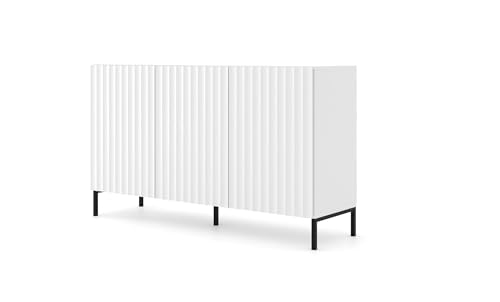 Homlando Commode Wave 3D, 150 cm, buffet 3D, en MDF fraisé et moderne, pour chambre à coucher ou salon, blanc mat avec cadre en métal noir