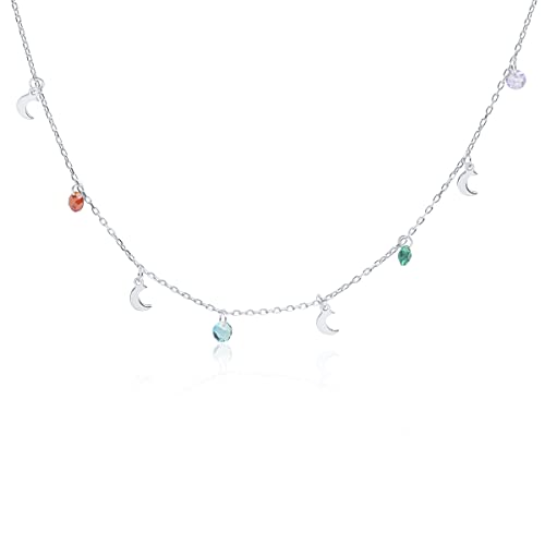 WANDA PLATA Gargantilla Collar Lunas y Circonitas Plata de Ley, para Mujer Joven, Chica con Cadena Regulable en Caja de Regalo
