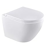 Spülrandlos Hänge WC Toilette, Wand WC ohne Spülrand, Wassersparende 3,5/5 L Dual-Flush, Hygienische Nano-Glasur, Absenkautomatik, 360° Superspin Einloch-Spülung 490×360×360mm