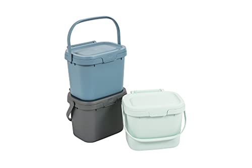 Addis Everyday Kitchen Food Waste Compost Caddy Bin utility Set of 3 mixed colours Metallic Silver, Air Blue, Mist, 3 x 4.5 litres