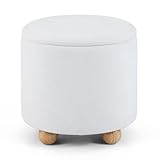 FANTASK Sitzhocker rund, Schminkhocker mit verstecktem Stauraum und abnehmbarem Deckel sowie Holzbeinen, Polsterhocker belastbar bis 150 kg für Wohnzimmer Schlafzimmer (Weiß)