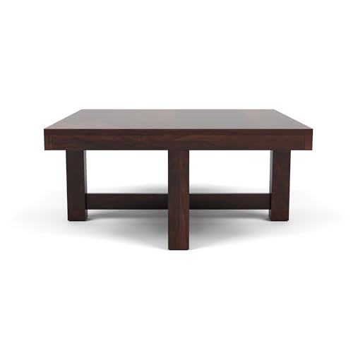 Image of Solid Sheesham Wood Coffee Table with 4 Stool | Center Table with 4 Stools for Living Room | Rosewood Teapoy Table with Cushioned Stool (CNC,Walnut Finish)