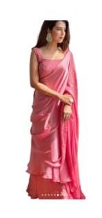 Butter Buds Women's Boutique Style Peach Double Ruffle Frill Chikankari Satin Lehenga Saree With Stitched Embroidery Work Blouse (Blouse Alterable upto 44)-image-5