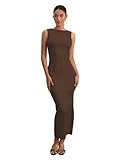 Milumia Women's Sleeveless Boat Neck Ruched Bodycon Maxi Dress Cocktail Long Dresses Elegant Coffee Brown Medium