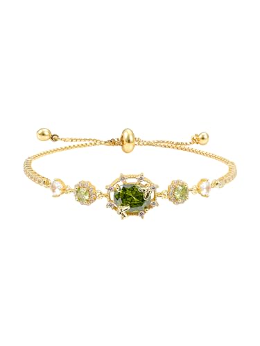 Mareclat 14K Gold Plated Bracelet for Women Dainty Green Gemstone Cubic Zirconia Bracelet Birthstone Peridot Adjustable Chain Non Tarnish