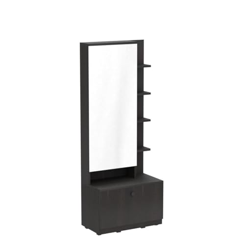 Image of Studio Kook Bonita Dressing Table with Mirror & Storage, Junglewood | Engineered wood dresser with a tall mirror, concealed cabinet, five open shelves and deep 30 kg drawer; 70 x 40 x 180 cm.