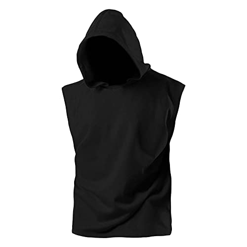 Bodybuilding Muscle Cut Off T-Shirts Workout Hooded Tank Tops Cooling Muscle Tee Shirt for Men (Black,XX-Large)