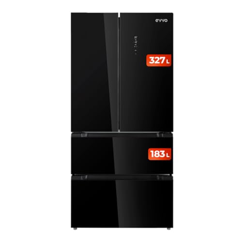 EVVO Frigorífico francés F80B Glass, 327l + 183l, Motor Inverter, Puerta de cristal, Total No Frost, Multi Air Flow, Freon Free, Negro