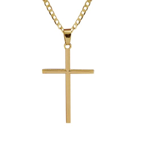 Conjunto Italiano Pulseira e Colar Corrente Masculino 60cm Grumet Fina com Cruz Palito Banhado a Our