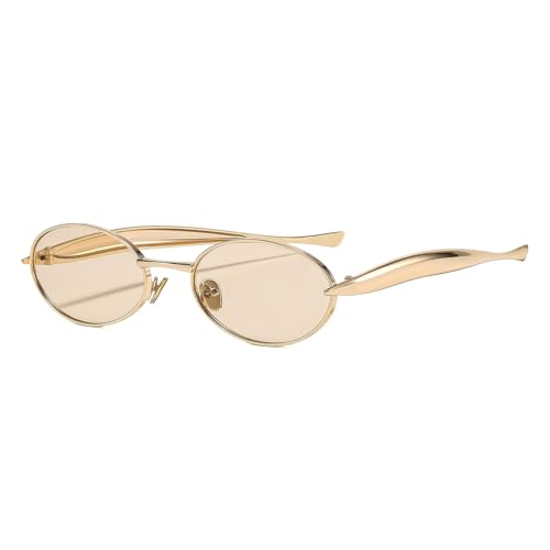 Long Keeper Retro Metal Oval Sunglasses for Women Men Trendy 70s Sardine Sun Glasses Slim Oval Shades Gold Metal Frame UV400