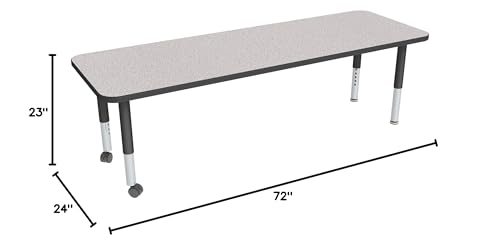 Image of Sprogs Adjustable Height Mobile Classroom Activity Table for Preschools, Rectangle Preschool Activity Table with Casters, 24 inchD x 72 inchW x 23 inchH, Gray /Black