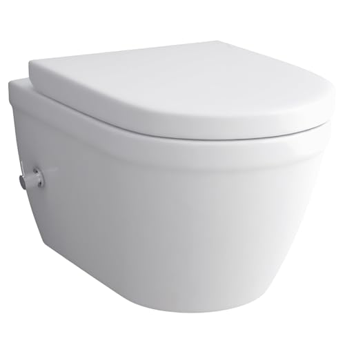 Alpenberger Dusch WC Set | Wand WC Spülrandlos mit Nano | WC Sitz mit Absenkautomatik | Moderne Toilette mit Bidet Funktion | Kloschüssel mit Armatur für Intimdusche | Passend Geberit (Almeira 8250 U)