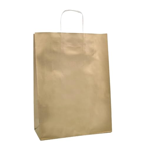 Raylu Paper®   Pack de 25 Bolsas de papel Kraft de colores con asas resistentes, bolsas de papel 100% reciclables para la compra, chuches o regalos (Dorado, Medianas (32x12x42 cm))