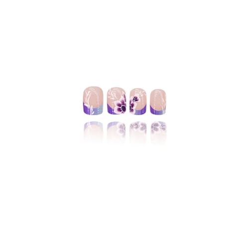 Image of French Tips Press on Nails Purple Flower Fake Nails with Ombre Design Glossy Glue on Nails Acrylic Full Cover Stick on Nails Short Square False Nails for Women Spring Manicure 24pcs
