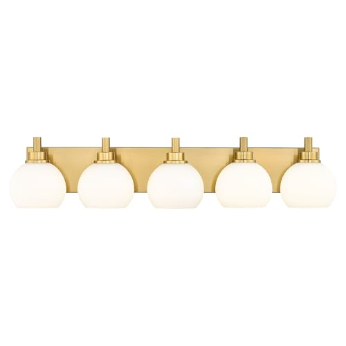 METWET 5-Light Brushed Gold Bathroom Vanity Light, Milk White Glass Globes