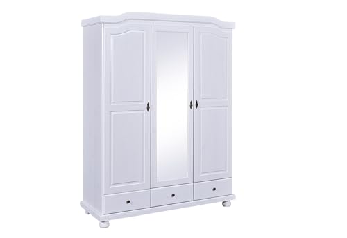 Preisvergleich Produktbild Inter Link - Kleiderschrank - Kiefer massiv - Garderobenschrank - Landhaus Still - Wäscheschrank - Mehrzweckschrank - Schlafzimmerschrank - 3 Türen - 3 Schubladen - Weiß lackiert - Kappl