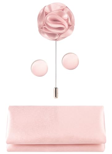 TIE G 5pcs Tie Set in Gift Box : Solid Color Necktie, Satin Bow Tie, Pocket Square, Lapel, Cuff Links (Blush Pink)