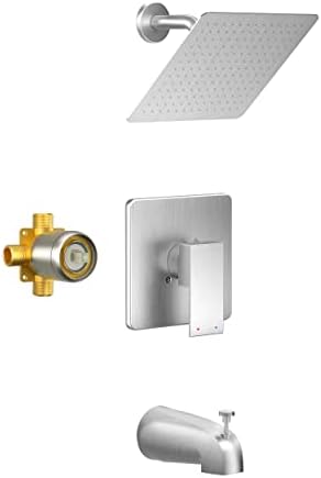 Holispa Brushed Nickel Tub Shower Faucet, Shower Faucet Set with 8-Inch Rainfall Shower Head and Tub Spout, Shower Tub Faucet Set Complete (Included Shower Valve), Tub Shower Trim Kit, Brushed Nickel